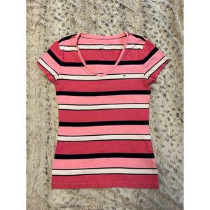 Vintage Tommy Hilfiger Y2K Striped V-Neck T-Shirt Womens Size M Pink Navy EUC